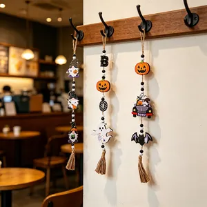 Handcrafted wooden Halloween bead garlands with pumpkin ghost and bat charms for home