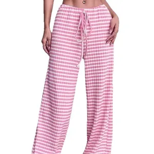 Fashionable pink and white horizontal striped textured straight leg pants for women