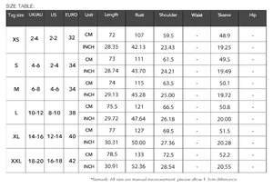 Detailed size chart for women's solid long sleeve shirt with CM and INCH measurements
