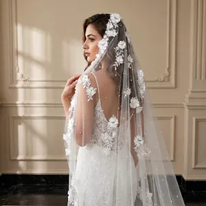 Elegant 3m long cathedral bridal wedding veil with 3D white flower lace appliqués and pearls.