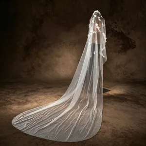 Elegant 3-meter cathedral length wedding veil featuring floral lace and pearl accents