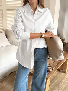 Women Blouse Shirt Long Sleeve Cotton Linen Texture Solid Color Loose Casual Vacation Streetwear Button Down