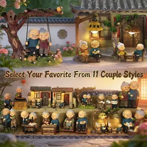 Figurines De Vieux Couple En Résine Et Ornements De Chat De La Chance Statues Miniatures Peintes À La Main Pour Étagères
