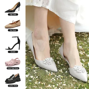 Detailed view of sparkling bridal rhinestone shoe charms shown on various types of shoes
