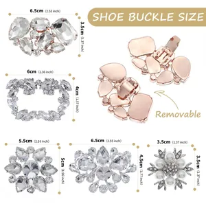Comprehensive size chart for various luxury rhinestone bridal shoe buckles and clips
