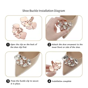 Detailed four-step installation guide for rhinestone bridal shoe clips on high heels