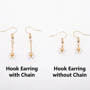 Elegant gold finish pearl flower drop earrings shown with and without chain options