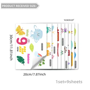 Comprehensive 9-sheet set of educational English wall stickers for kids, size 20x30cm each