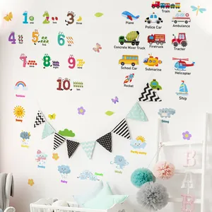 Colorful educational wall stickers with numbers vehicles and weather for kids room decor