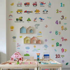 Educational cartoon wall stickers for kids featuring transport vehicles numbers and weather