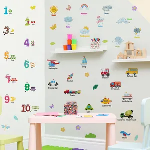 Educational wall stickers for kids featuring numbers, weather icons, and vehicles