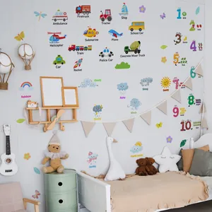 Colorful educational wall stickers for kids featuring vehicles, weather icons, and numbers