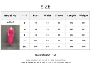 Detailed size chart for V-neck long sleeve chiffon maxi dress with measurements