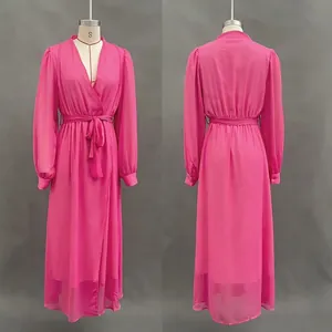 Detailed front and back views of a flowy rose red V-neck chiffon maxi dress on a mannequin