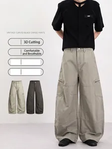 Pantalon Cargo pour Homme en 100% Coton Vintage Américain Coupe Ample Jambe Large Droite Multi Poches Streetwear