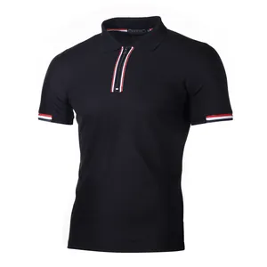 Men's black short-sleeved Polo shirt with zipper and striped trim details