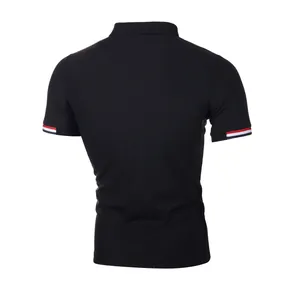 Premium men's slim fit black Polo shirt with tricolor striped cuff details back view