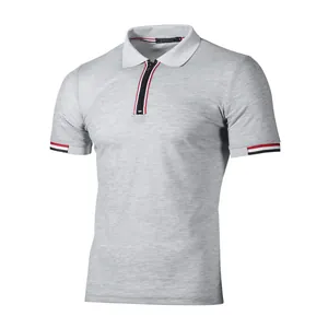 Classic men's light grey slim fit polo shirt featuring zipper and striped trim details