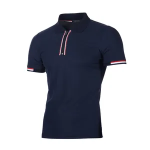 Classic men's navy blue zip-up polo shirt with red and white striped collar and cuffs