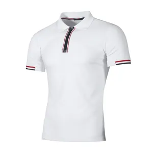 Slim fit men's white polo shirt with zipper placket and striped cuffs and collar