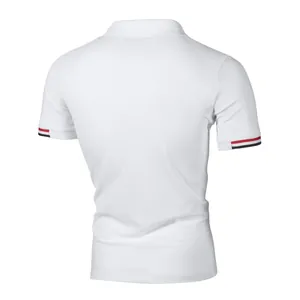 Detailed back view of white short-sleeved polo shirt featuring red and black striped cuffs