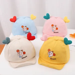 Cute baby baseball caps with heart decorations and cartoon mouse embroidery set