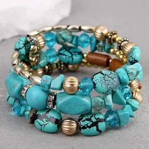 Vintage multi-layer turquoise wrap bracelet with stone beads and crystal accents.