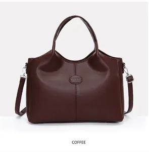 Front detail view of coffee-colored retro large capacity tote handbag for women