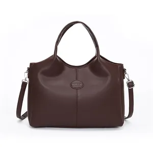 Large capacity retro dark brown PU leather tote bag with shoulder strap for daily commuting