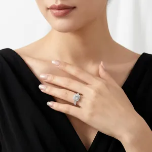 Elegant S925 silver ring featuring a square halo moissanite on a female model