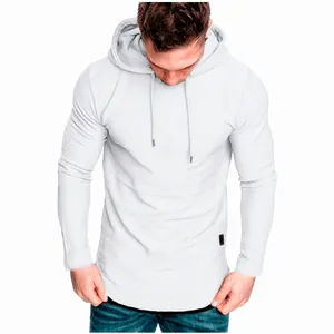 T-shirt à manches longues à capuche pour hommes, coupe ajustée, blanc uni avec cordon