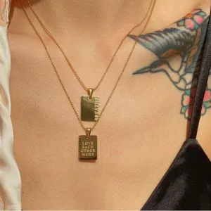 Gold plated stainless steel rectangular pendant necklaces with inspirational engravings