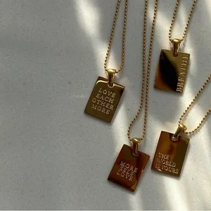 18k gold plated stainless steel rectangular pendant necklace with engraved quotes