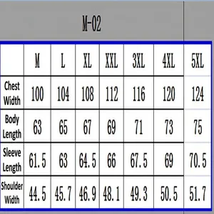 Detailed size chart for men's winter cotton-padded jacket covering sizes M to 5XL