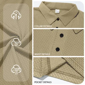 Close-up of khaki waffle knit fabric and button collar details on a men's polo shirt