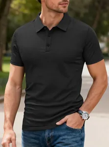 Detailed view of a black men's short-sleeved polo shirt worn by a model outdoors