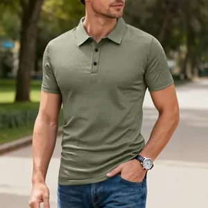 Men's olive green textured short-sleeved Polo shirt with a classic button-down collar