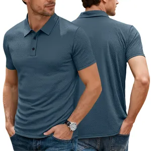 Casual men's short sleeve Polo shirt with textured honeycomb fabric and buttoned collar