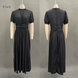 Front and back view of elegant black long dress with lace trim and pleated skirt