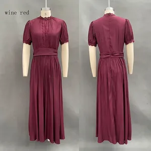Wine red high-neck maxi dress with lace detailing shown in front and back views.