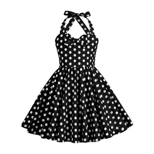 Vintage black and white polka dot halter dress for girls with bow details