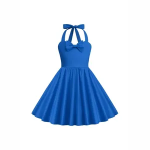 Vintage girls royal blue halter neck dress with bow decoration