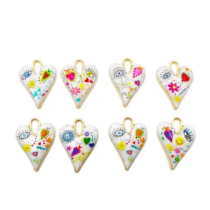 Set of eight hand-painted colorful alloy heart pendants for DIY jewelry making crafts