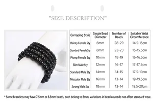 Detailed size chart for black natural stone bead bracelets from 6mm to 18mm beads