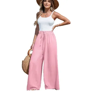 Pantaloni larghi in cotone e lino rosa a vita alta con coulisse da donna casual estivi