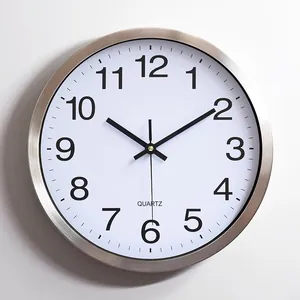 Modern 30cm silent metal wall clock featuring a brushed silver stainless steel frame