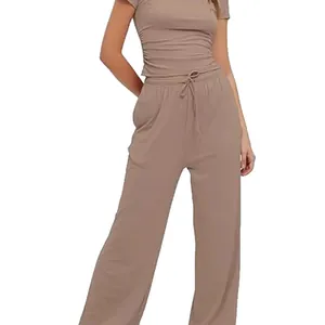 Women's 2-piece lounge set with short sleeve ruched top and drawstring wide leg pants