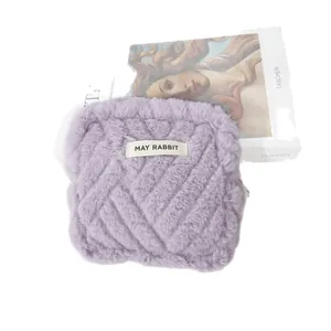 Elegant purple soft plush square storage bag with woven texture and mini size pouch