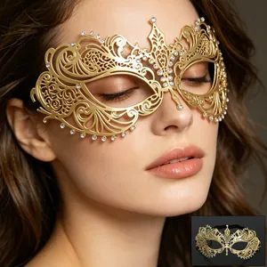 Elegant gold metal laser-cut masquerade mask with sparkling rhinestones for women