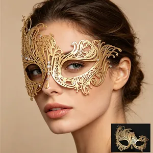 Luxurious gold metal laser-cut masquerade mask with crystals for women's party events